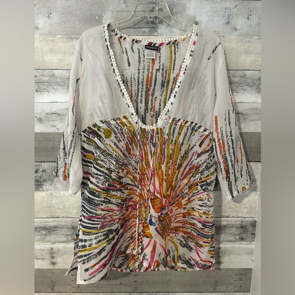 Ingear Orange Brown Tunic V-Neck 3/4 Sleeve Beach Cover Up